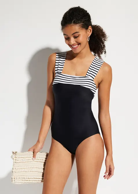 Medium Shape-Badeanzug mit breiten Trägern in schwarz von vorne (Totalaufnahme) - bonprix