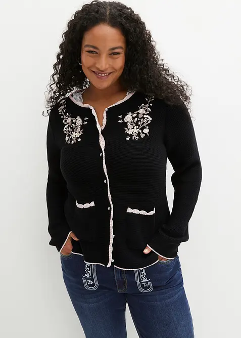 Hübsche Trachten-Strickjacke mit Stickerei in schwarz von vorne (im Anschnitt) - bonprix