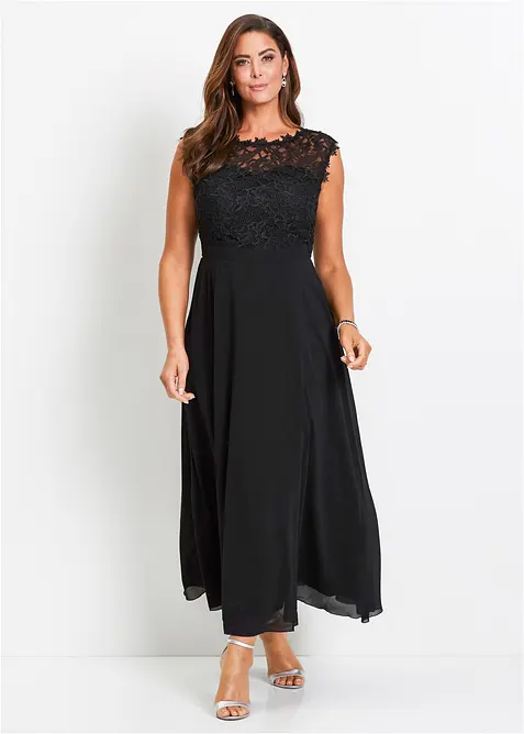 Maxikleid mit Spitze in schwarz von vorne (Totalaufnahme) - bonprix