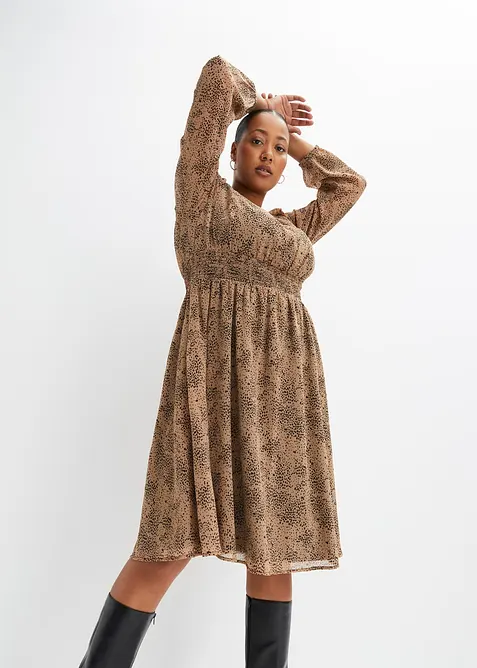 Chiffonkleid mit elastischem Bund in braun von vorne (Totalaufnahme) - bonprix