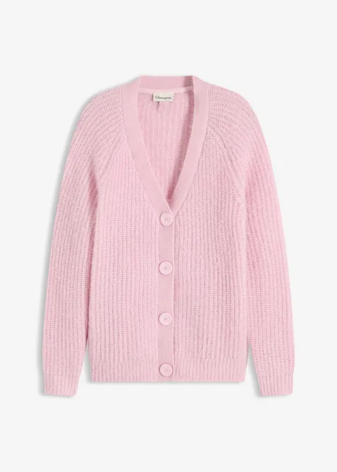 Gerippte Grobstrickjacke mit Glanzeffekt in rosa von vorne - bonprix