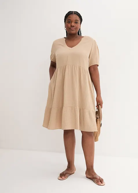 Musselin-Oversize-Kleid aus reiner Baumwolle in beige von vorne (Totalaufnahme) - bonprix