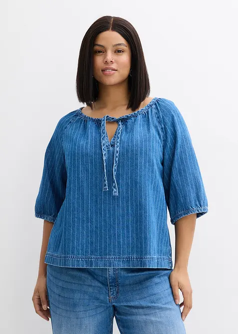 Jeans-Tunikabluse, Baumwolle in blau von vorne (im Anschnitt) - bonprix