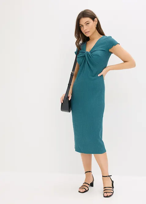 Jerseykleid aus strukturiertem Crêpe in petrol im Look von vorne (Totalaufnahme) - bonprix