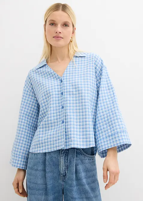 Hemdbluse aus luftigem Leinen-Viskose-Mix in blau von vorne (im Anschnitt) - bonprix