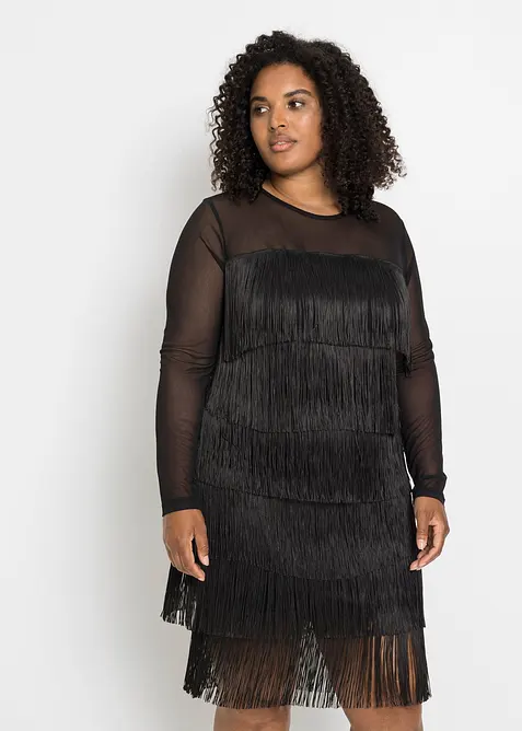 Midikleid aus softem Mesh mit Fransen in schwarz von vorne (Totalaufnahme) - bonprix