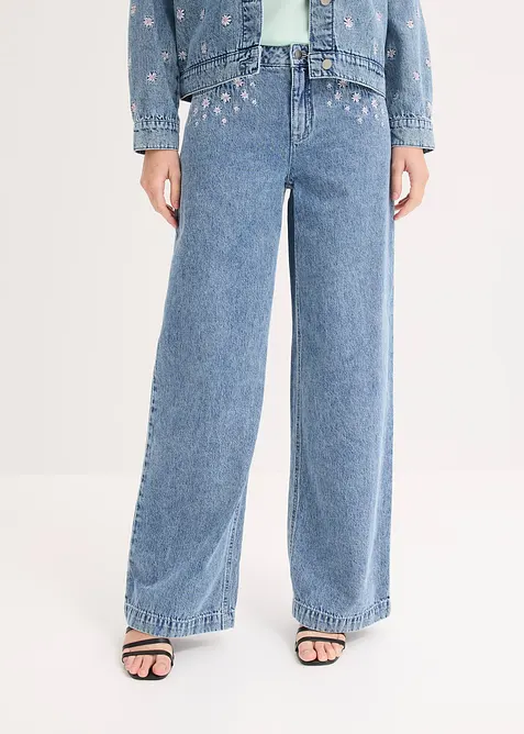 Wide-Leg-Jeans Mid Waist, Baumwolle in blau von vorne - bonprix