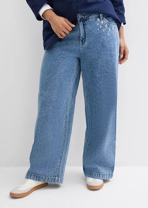 Wide-Leg-Jeans Mid Waist, Baumwolle in blau von vorne - bonprix