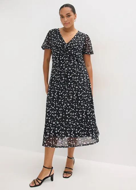 Jerseykleid aus feinem Mesh in schwarz von vorne (Totalaufnahme) - bonprix