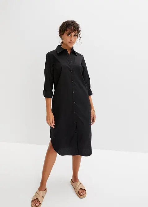 Hemdblusenkleid aus Baumwoll-Popeline in schwarz im Look von vorne (Totalaufnahme) - bonprix