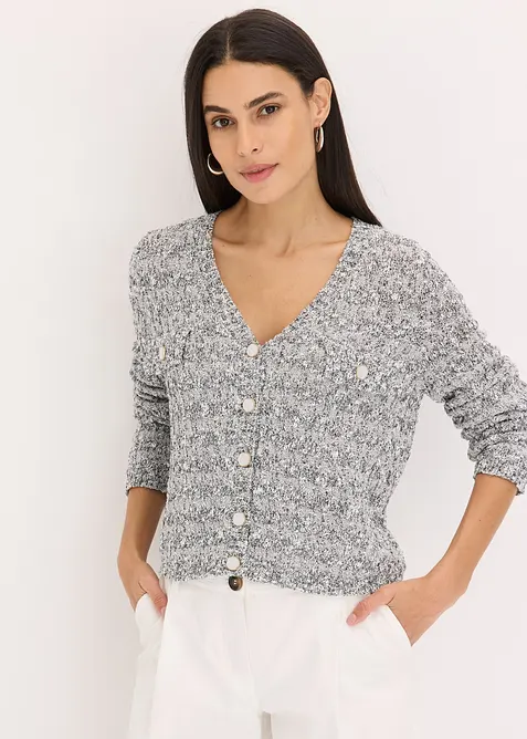 Bouclé Strickjacke in grau von vorne (im Anschnitt) - bonprix
