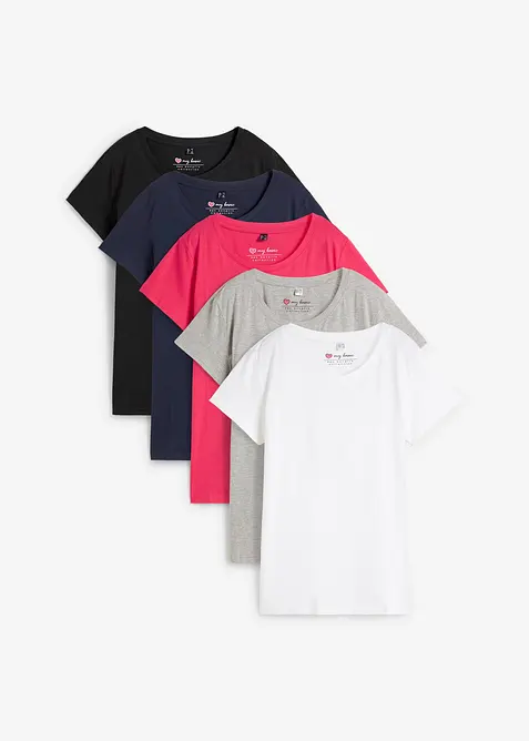Rundhals-Shirt (5erPack) in pink von vorne - bonprix