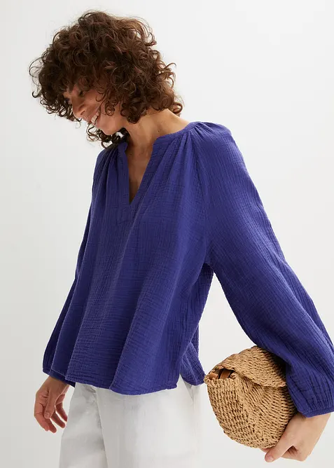 Musselin-Oversize-Bluse aus reiner Baumwolle in lila von vorne (im Anschnitt) - bonprix