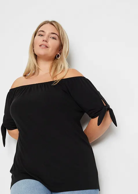 Carmenshirt mit Bindedetail in schwarz von vorne (im Anschnitt) - bonprix