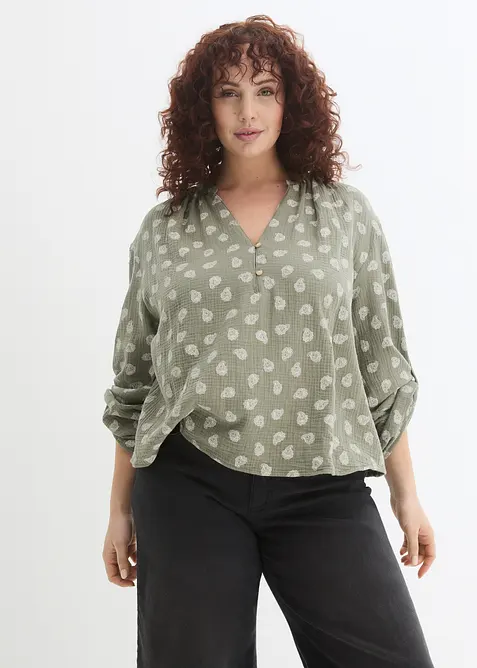 Musselin-Oversize-Bluse aus reiner Baumwolle in grün von vorne (im Anschnitt) - bonprix