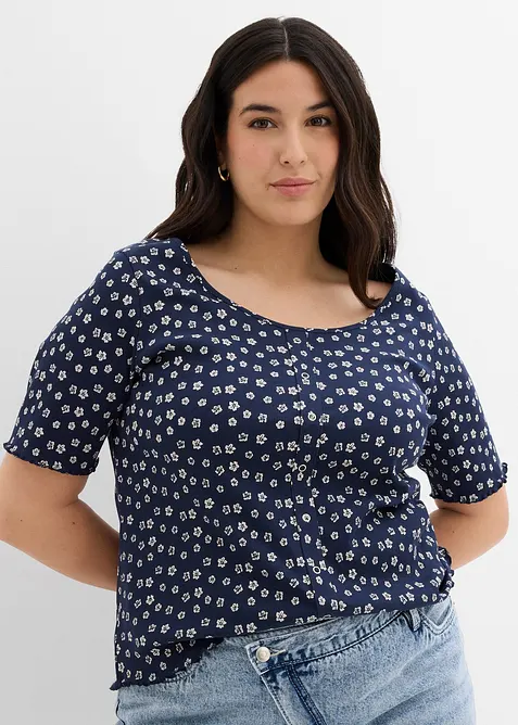 Ripp-Shirt mit Blumendruck aus reiner Baumwolle in blau von vorne (im Anschnitt) - bonprix