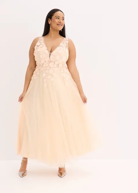 Maxikleid aus zartem Tüll mit Blumen-Applikation in beige von vorne (Totalaufnahme) - bonprix