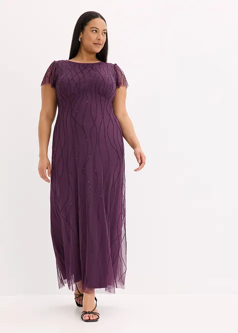 Maxikleid aus zartem Tüll mit Perlenstickerei in lila von vorne (Totalaufnahme) - bonprix