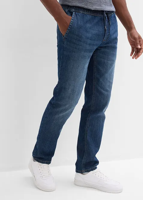 Leichte Regular-Fit Schlupfjeans mit Dehnbund, Straight in blau von vorne - bonprix
