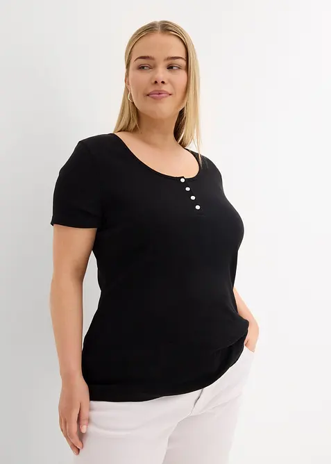 Henleyshirt aus reiner Bio-Baumwolle in schwarz von vorne (im Anschnitt) - bonprix