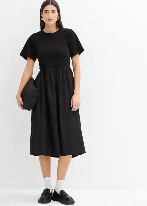 Midikleid aus Materialmix in schwarz im Look von vorne (Totalaufnahme) - bonprix