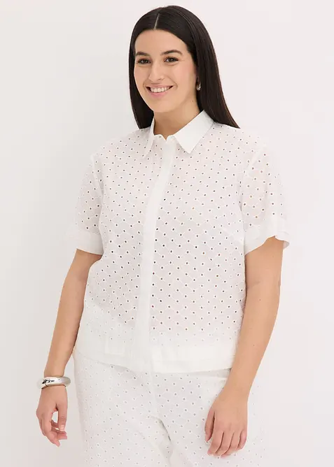 Bluse mit Lochstickerei in weiß von vorne (im Anschnitt) - bonprix