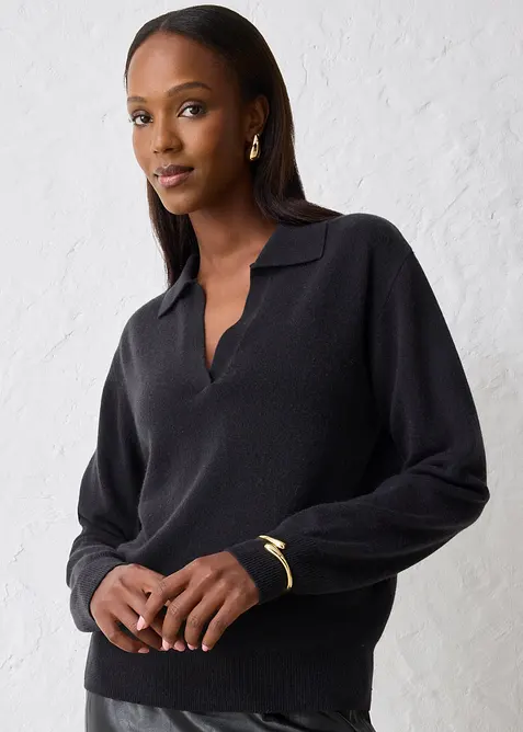 Pullover aus weichem Kaschmir-Mix mit Good Cashmere Standard® in schwarz von vorne (im Anschnitt) - bonprix