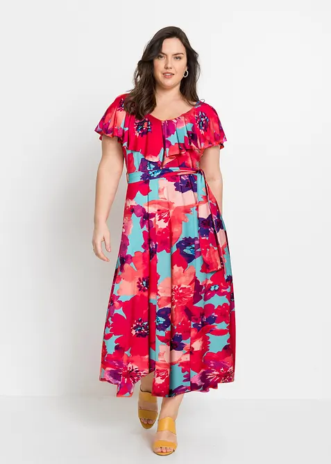 Maxikleid mit Volant in blau von vorne (Totalaufnahme) - bonprix