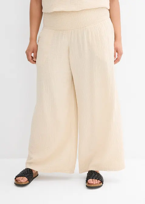 Musselin-Palazzo-Hose aus reiner Baumwolle in beige von vorne - bonprix
