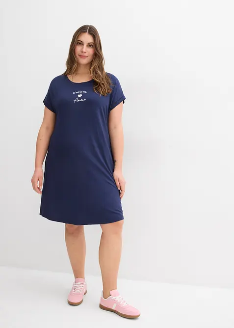Jersey-Kleid mit Stickerei aus Viskose-Elasthan-Mix in blau von vorne (Totalaufnahme) - bonprix