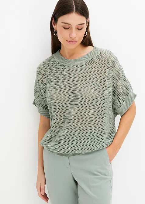 Oversize-Pullover aus Baumwoll-Mix in grün von vorne (im Anschnitt) - bonprix