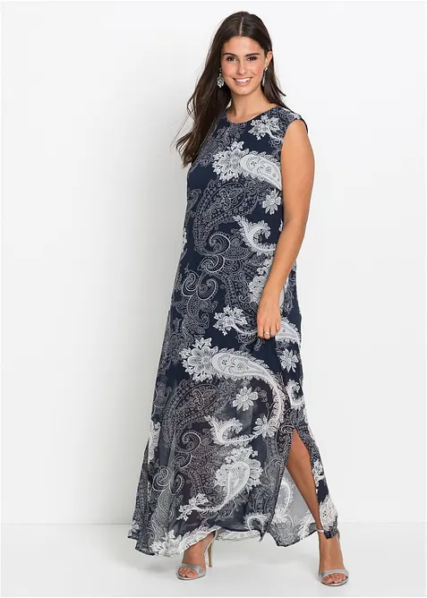 Ärmelloses Chiffonkleid mit All Over-Print in blau von vorne (Totalaufnahme) - bonprix