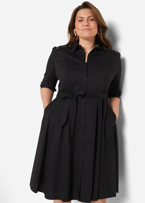 Popeline Hemdblusenkleid aus Baumwoll-Mix in schwarz von vorne (Totalaufnahme) - bonprix