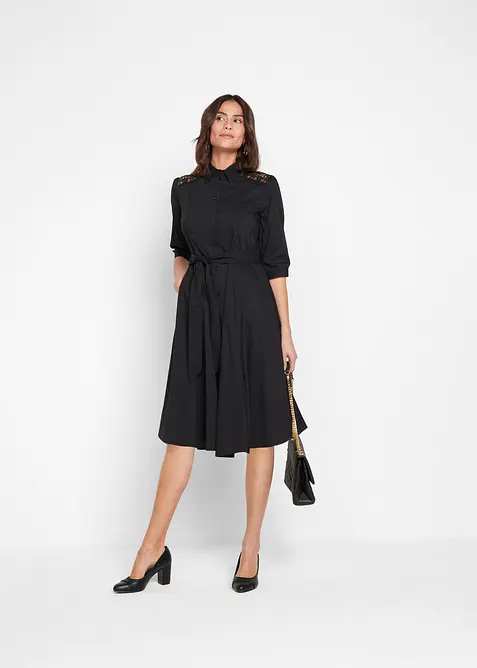 Popeline Hemdblusenkleid aus Baumwoll-Mix in schwarz im Look von vorne (Totalaufnahme) - bonprix