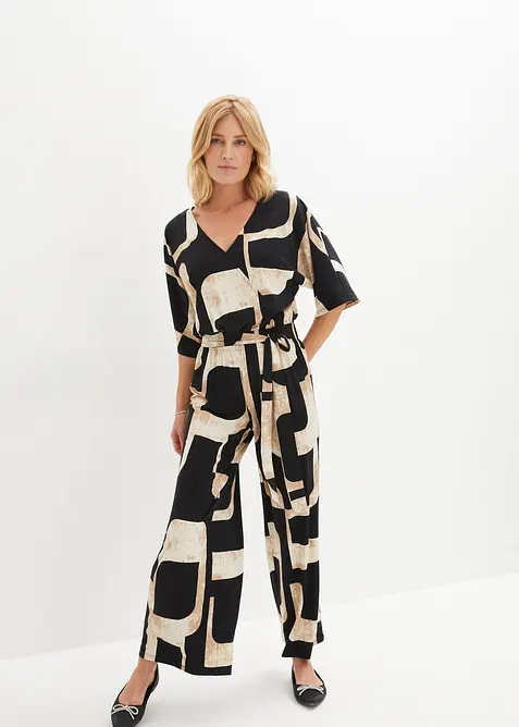 Jersey-Jumpsuit mit V-Ausschnitt in schwarz von vorne (Totalaufnahme) - bonprix