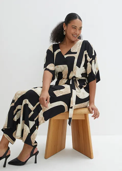 Jersey-Jumpsuit mit V-Ausschnitt in schwarz von vorne (Totalaufnahme) - bonprix