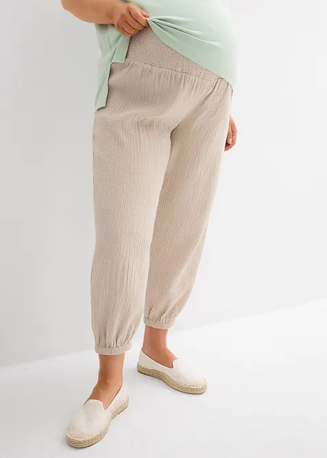 2-in-1 Umstandshose aus reinem Baumwollmusselin für die Schwangerschaft und danach in grau von vorne - bonprix