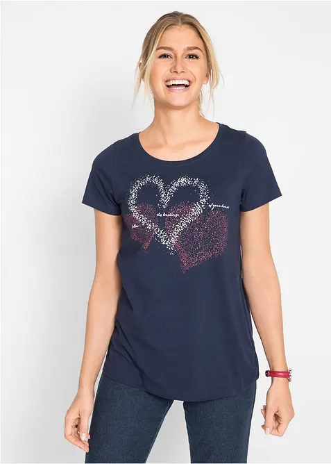 Shirt mit Herzdruck aus Bio-Baumwolle in blau von vorne (im Anschnitt) - bonprix