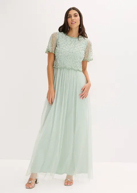 Maxikleid aus feinem Tüll mit Paillettenstickerei in grün von vorne (Totalaufnahme) - bonprix