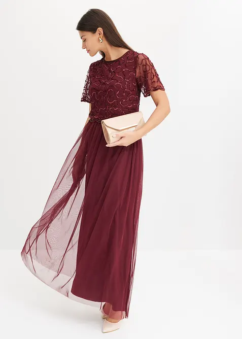Maxikleid aus feinem Tüll mit Paillettenstickerei in rot im Look von vorne (Totalaufnahme) - bonprix