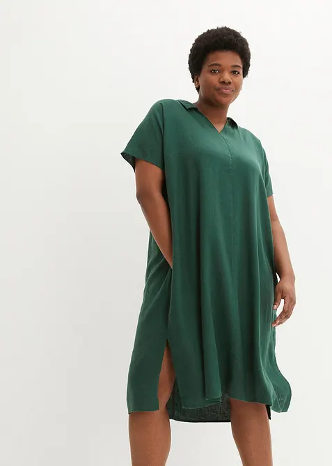 Kaftan-Kleid aus leichtem Leinen-Mix in grün von vorne (Totalaufnahme) - bonprix