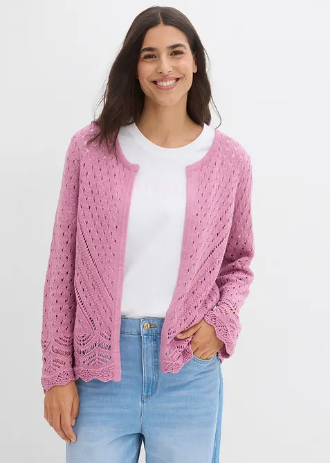 Ajour-Strickjacke aus reiner Baumwolle in rosa von vorne (im Anschnitt) - bonprix