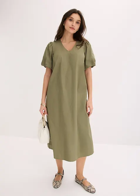Midi-Web-Kleid aus Bio-Baumwolle in grün im Look von vorne (Totalaufnahme) - bonprix