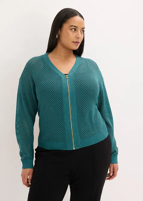 Ajour-Strickjacke mit Glitzereffekt in petrol von vorne (im Anschnitt) - bonprix