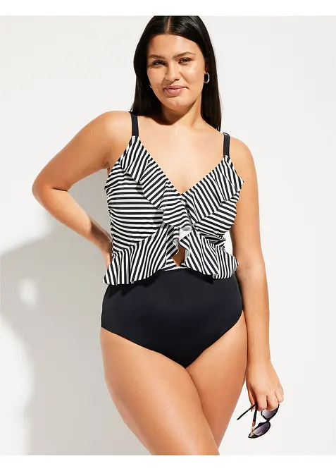 Badeanzug mit Cut Out und Volants in schwarz von vorne (Totalaufnahme) - bonprix