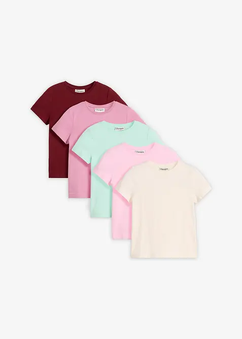 T-Shirt aus elastischem Bio-Baumwoll-Mix (5er Pack) in rosa von vorne - bonprix