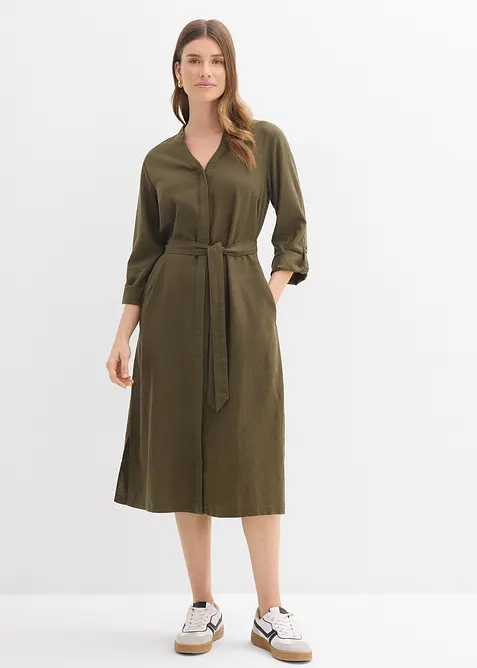 Kleid mit Taschen aus Leinen-Viskose-Mix in grün von vorne (Totalaufnahme) - bonprix