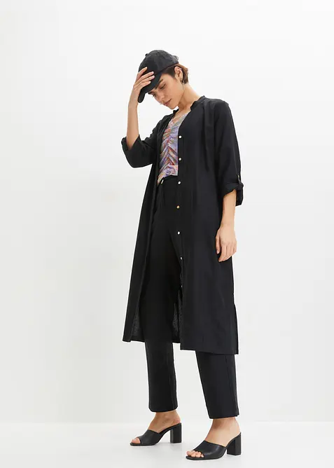 Kleid mit Taschen aus Leinen-Viskose-Mix in schwarz im Look von vorne (Totalaufnahme) - bonprix