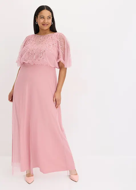 Maxikleid aus feinem Tüll mit Paillettenstickerei in pink von vorne (Totalaufnahme) - bonprix