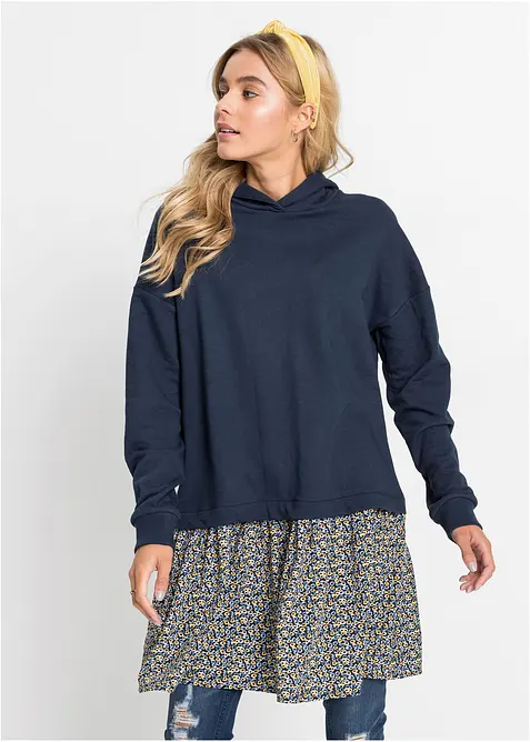 Sweatkleid in 2-in-1 Optik in blau von vorne (Totalaufnahme) - bonprix